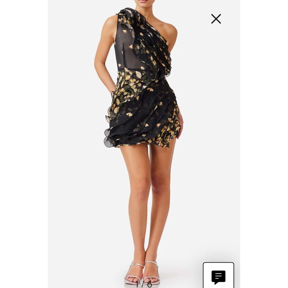Elliatt Tulsia Metallic Ruffle One-Shoulder Cocktail Minidress Size M  Flaw!